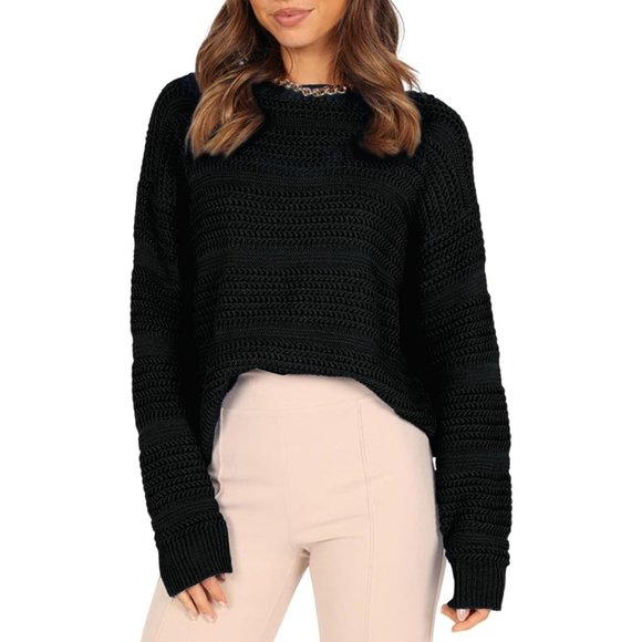 Women's Casual Loose Hollow Out Round Neck Long Sleeve Cable Knit Sweaters - Picture 1 of 4